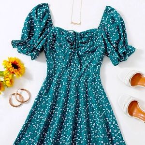 Drawstring Knot Runched Front Ditsy Floral Dress
